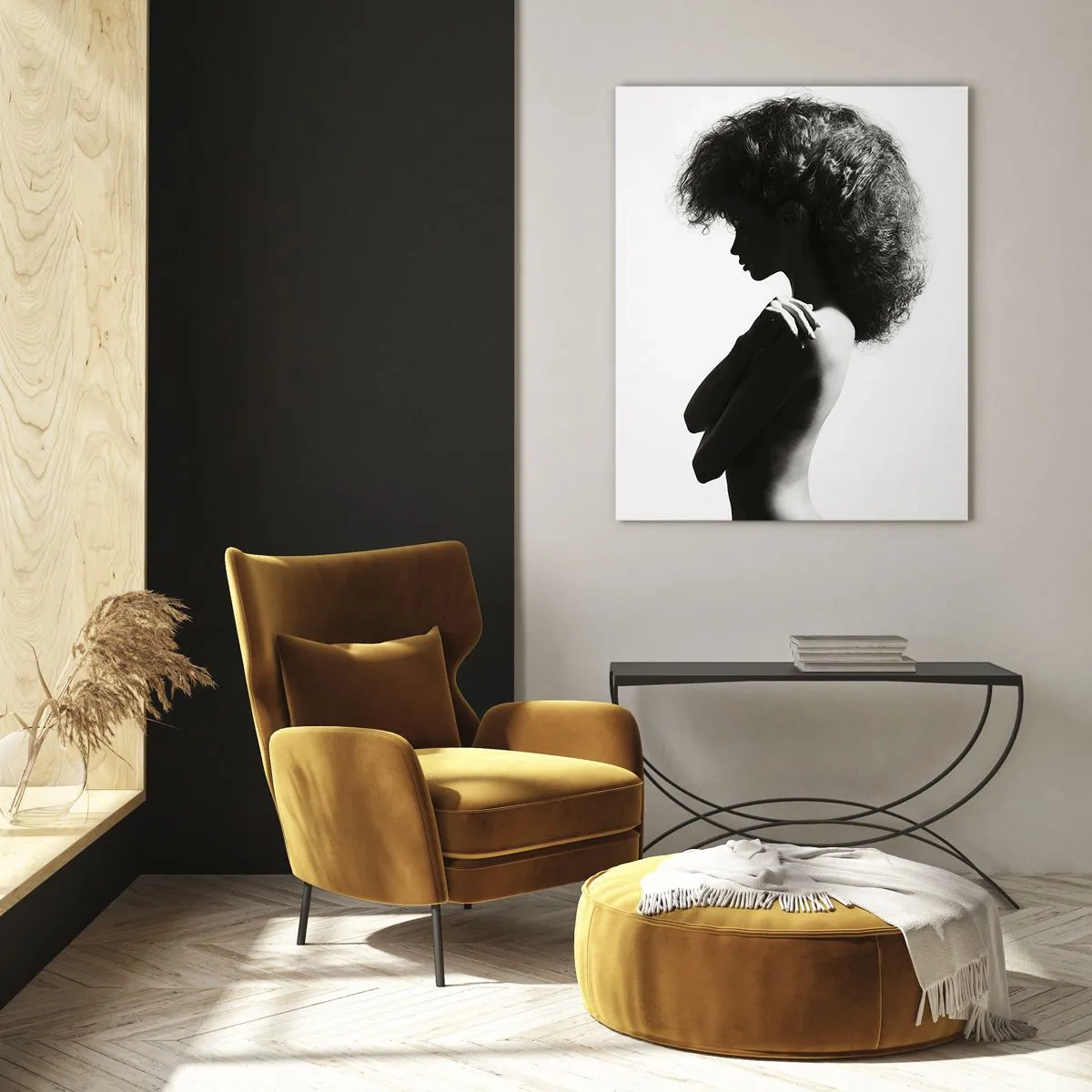Impression sur verre - Image sur verre - Nu féminin dans une lumière contrastée en noir et blanc - 50x70cm - Comme une fleur au bout d'une fine tige - Décoration murale moderne pour le salon et la chambre ARTTOR