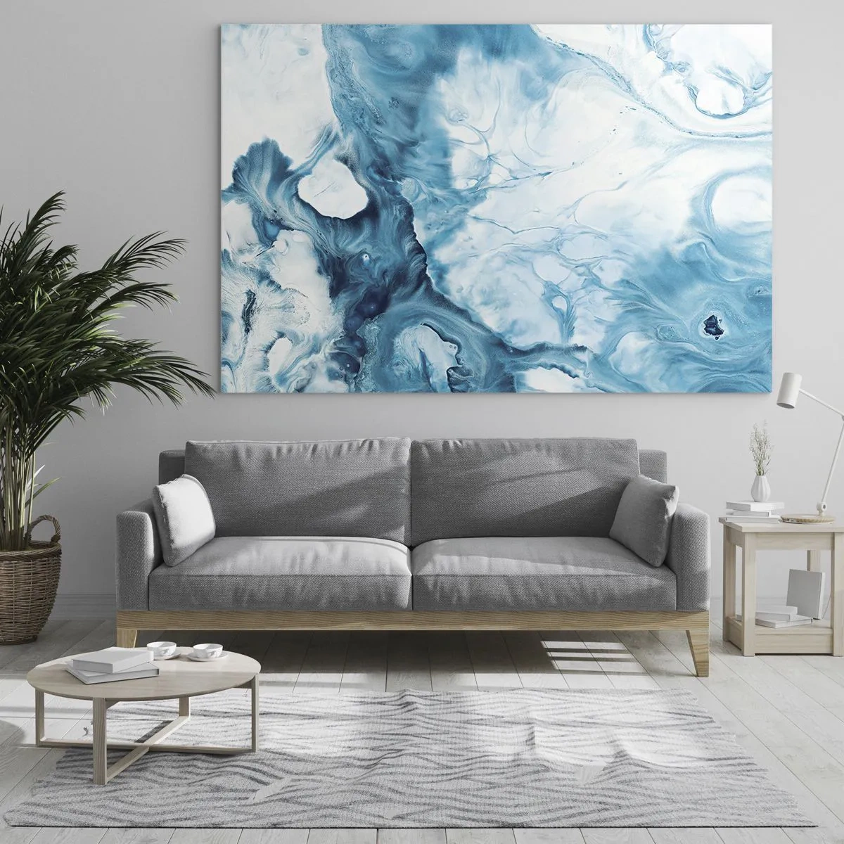 Impression sur verre - Image sur verre - Composition abstraite dans les tons de bleu et de blanc - 70x50cm - Concert de bleu - Décoration murale moderne pour le salon et la chambre ARTTOR