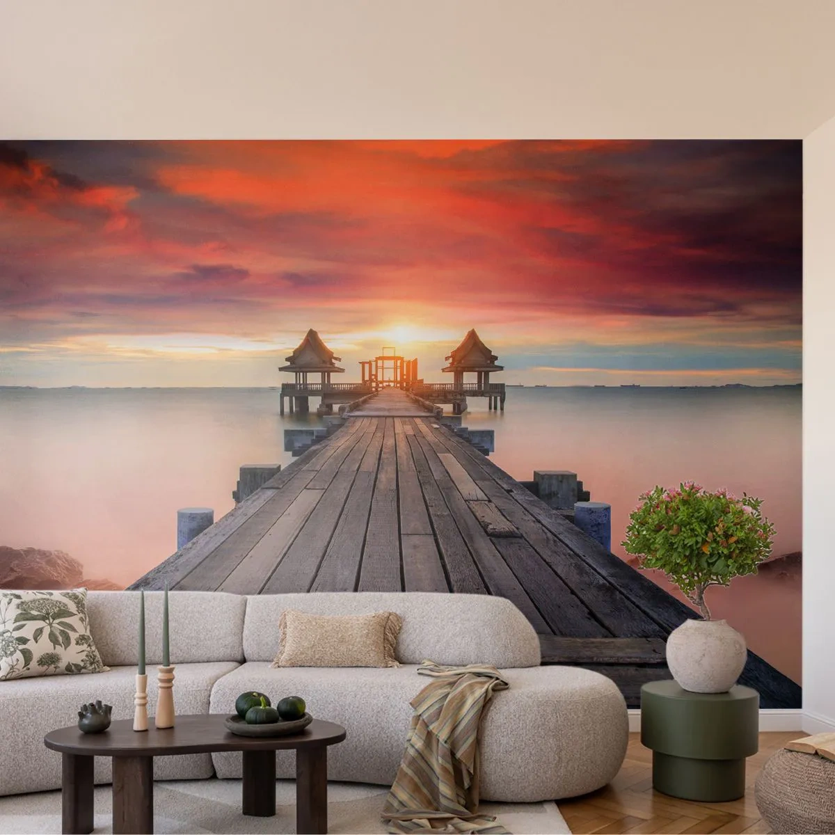 Papier Peint Photo Premium Sand - Un pont menant vers le soleil levant - 100x70cm - L'Ouest à l'Est - Décoration murale moderne pour le salon et la chambre ARTTOR