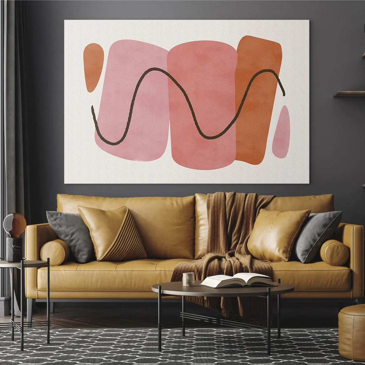Impression sur verre - Image sur verre - Formes abstraites en rose et orange avec une ligne noire - 70x50cm - mouvement doux des formes - Décoration murale moderne pour le salon et la chambre ARTTOR