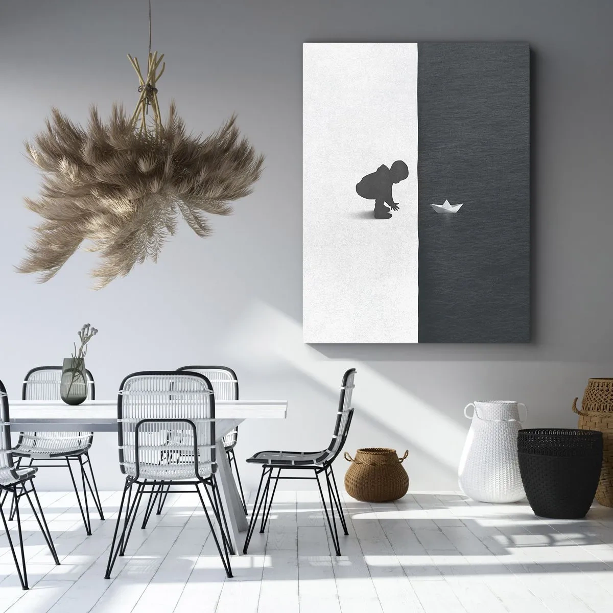 Impression sur toile - Image sur toile - Une figure d'enfant avec un bateau en papier sur un fond de moitiés contrastées - 70x100cm - Grande expédition - Décoration murale moderne pour le salon et la chambre ARTTOR