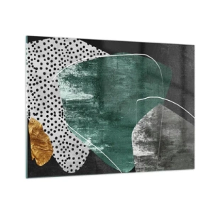 Impression sur verre - Image sur verre - Formes vertes avec un fond noir et une touche dorée - 70x50cm - Abstraction colorée avec feuille d'or - Décoration murale moderne pour le salon et la chambre ARTTOR