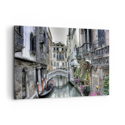 Impression sur toile - Image sur toile - Canal vénitien avec gondole et pont de pierre - 120x80cm - Pendant des siècles dans une réflexion silencieuse - Décoration murale moderne pour le salon et la chambre ARTTOR