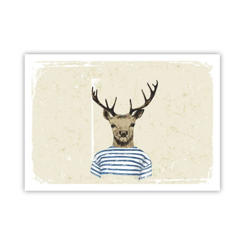 Affiche - Poster - Un cerf en chemise rayée sur un fond clair avec une texture délicate - 100x70cm - Parce que j'aime les chemises rayées - Décoration murale moderne pour le salon et la chambre ARTTOR