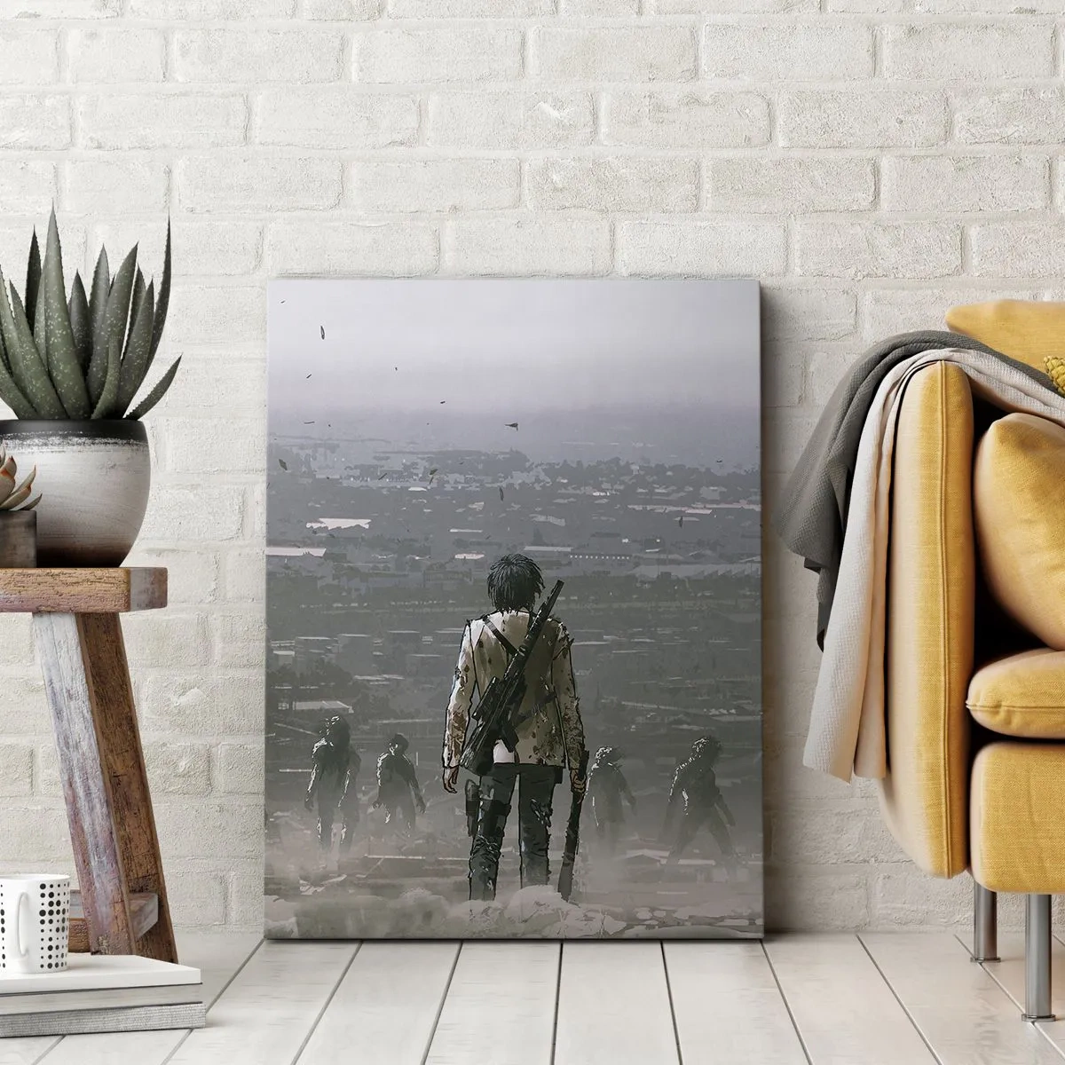 Impression sur toile - Image sur toile - Une silhouette avec une arme se tient devant un groupe dans un paysage dystopique. - 80x120cm - Dernier samaritain ? - Décoration murale moderne pour le salon et la chambre ARTTOR