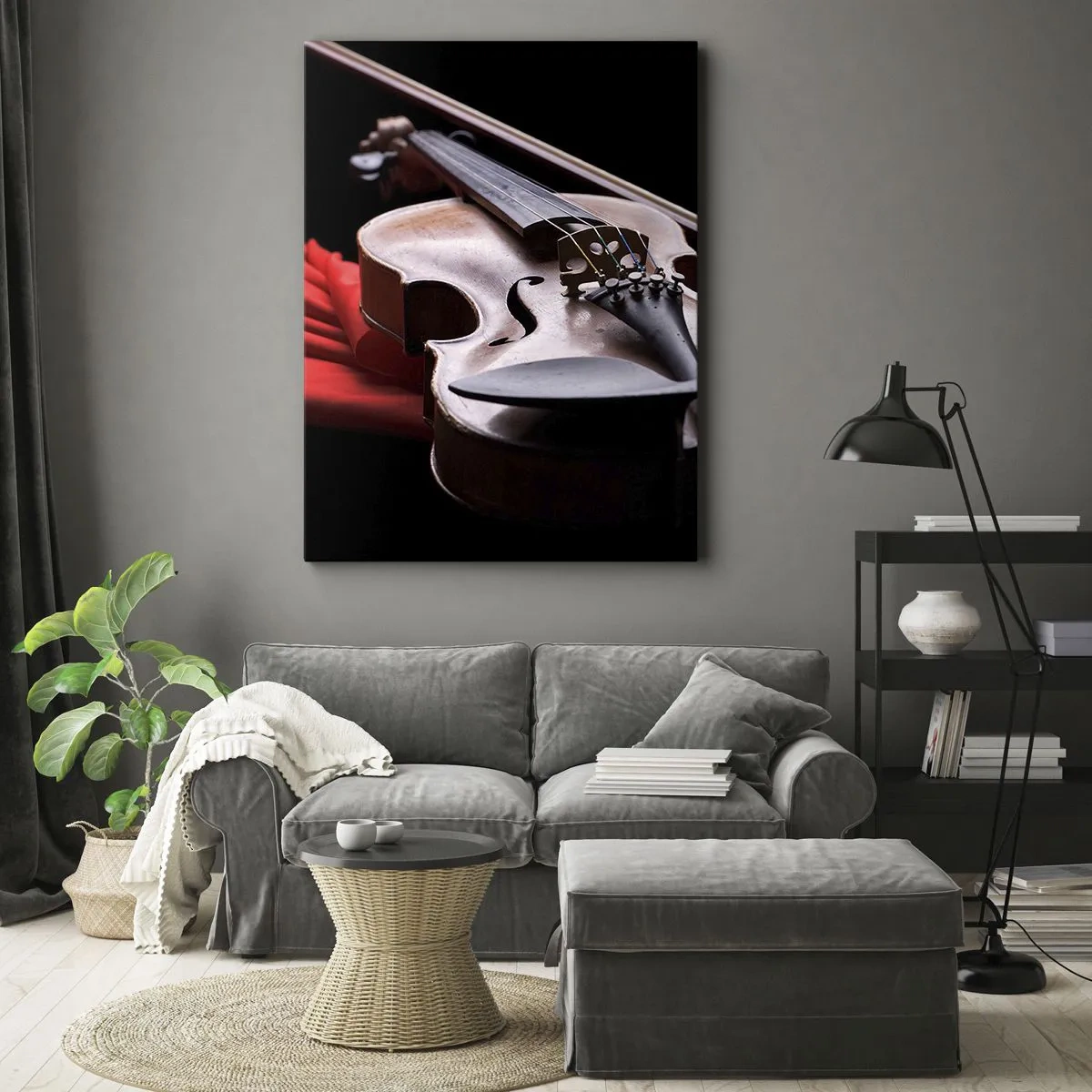 Impression sur toile - Image sur toile - Violon sur tissu rouge avec fond noir - 50x70cm - Musique des sentiments - Décoration murale moderne pour le salon et la chambre ARTTOR