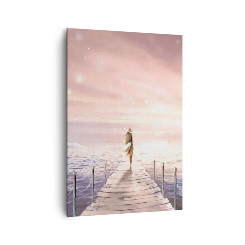 Impression sur toile - Image sur toile - Une femme sur une jetée dans un décor de coucher de soleil magique - 70x100cm - A la lumière d'un rêve - Décoration murale moderne pour le salon et la chambre ARTTOR