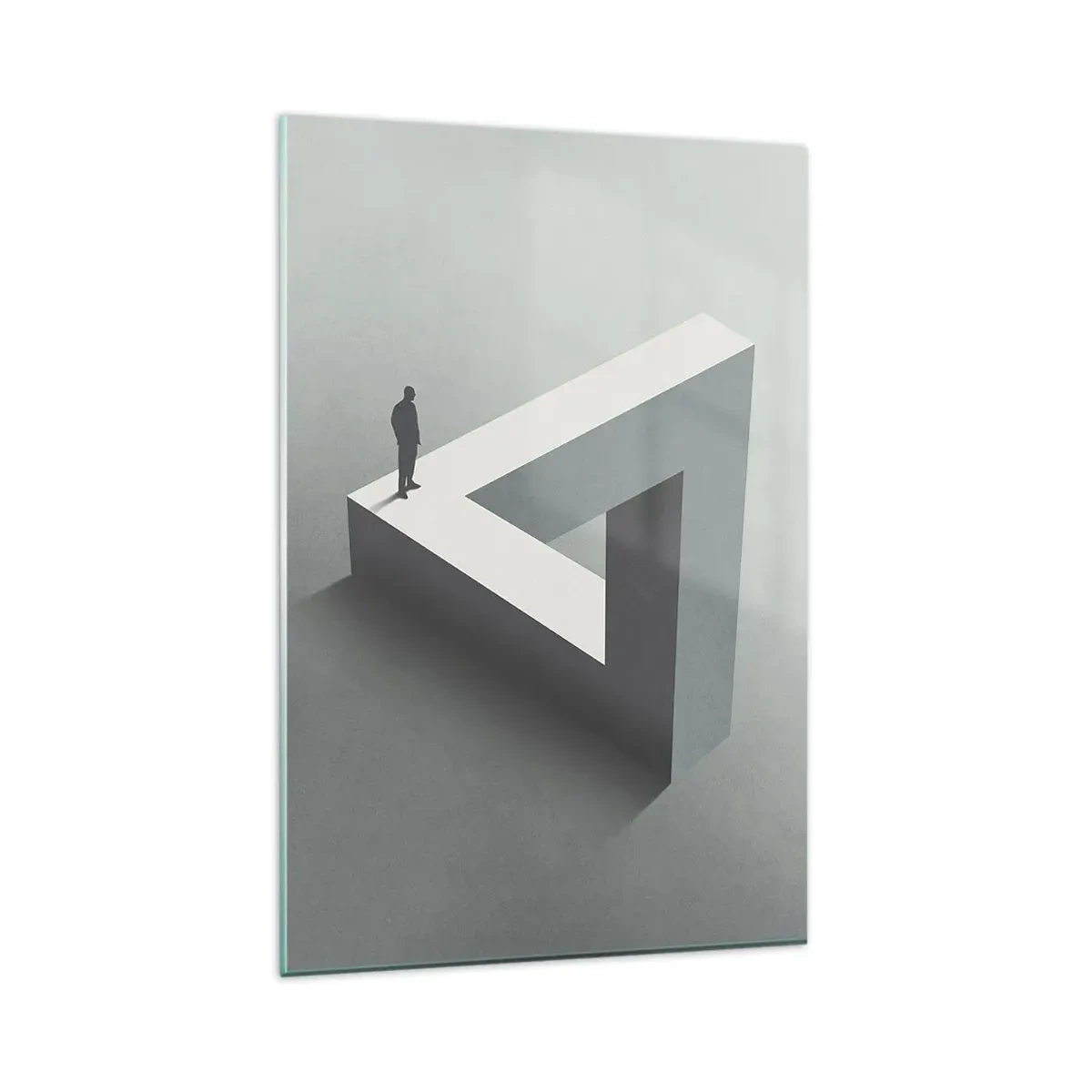 Impression sur verre - Image sur verre - Une figure debout sur un triangle de Penrose dans des tons de gris. - 80x120cm - Mais c'est possible - Décoration murale moderne pour le salon et la chambre ARTTOR