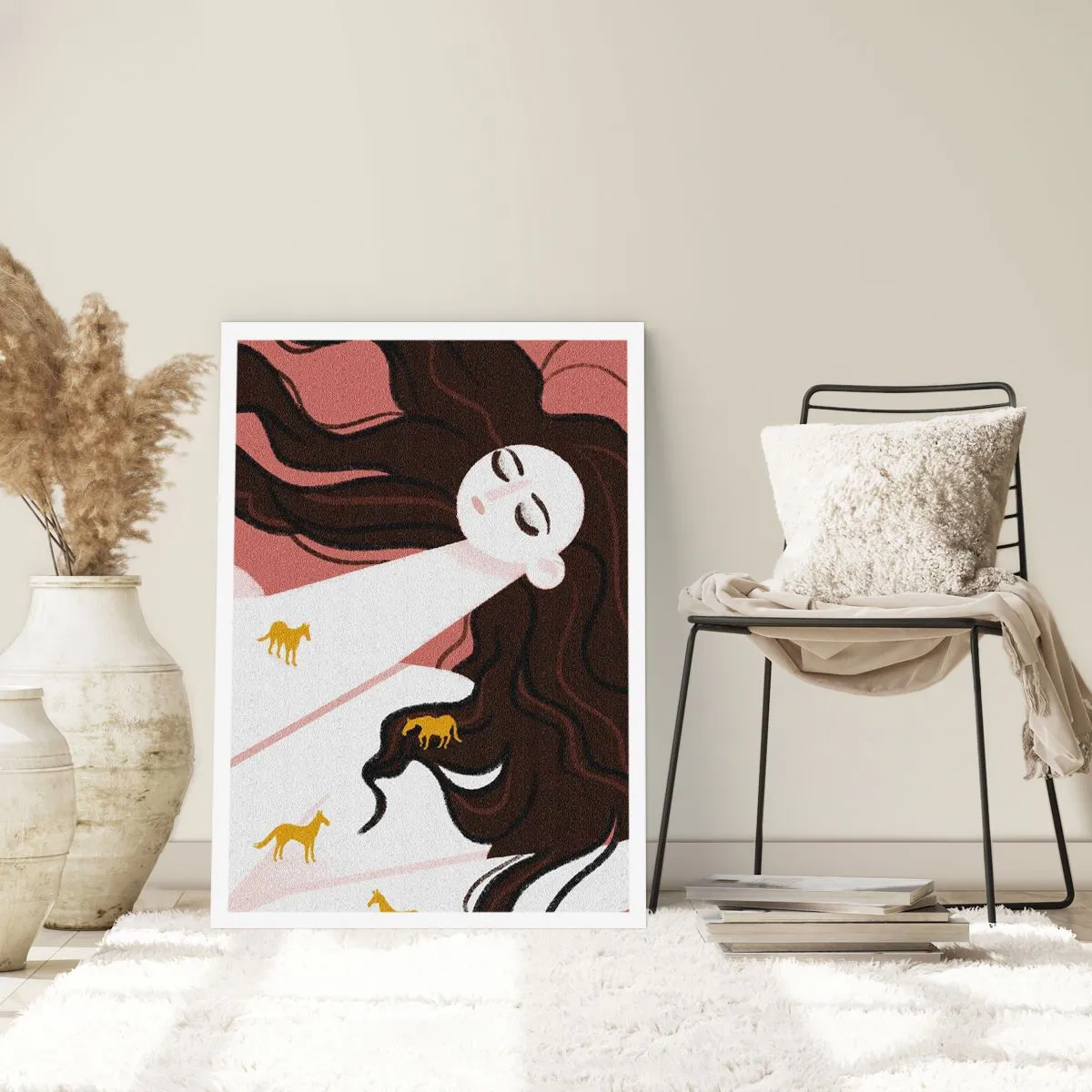 Affiche - Poster - Une femme rêveuse aux cheveux longs et aux chevaux dorés - 50x70cm - Rêve d'un cheval d'or - Décoration murale moderne pour le salon et la chambre ARTTOR