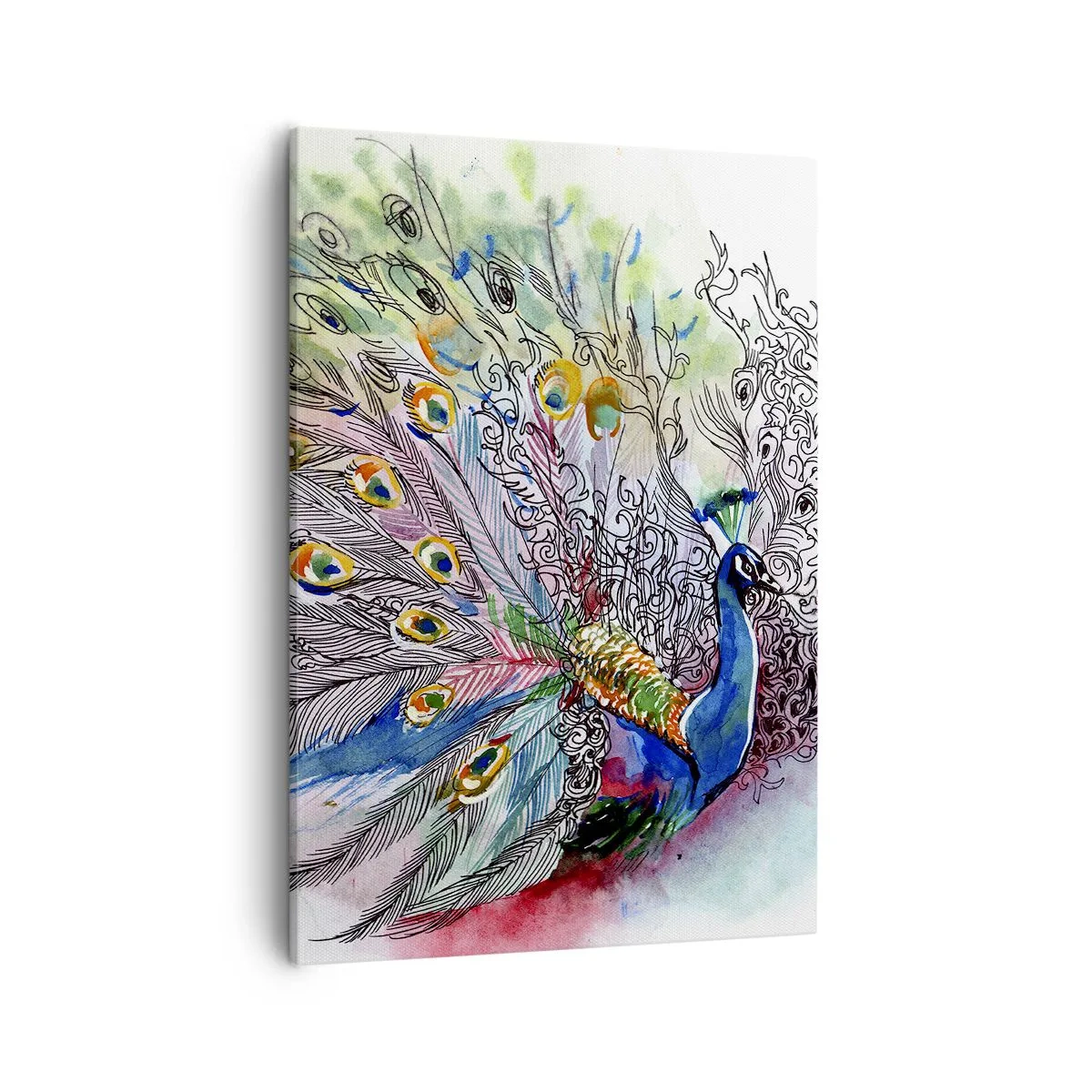 Impression sur toile - Image sur toile - Un paon dans un style aquarelle coloré avec des plumes abstraites - 50x70cm - Avec fierté contre la grisaille - Décoration murale moderne pour le salon et la chambre ARTTOR
