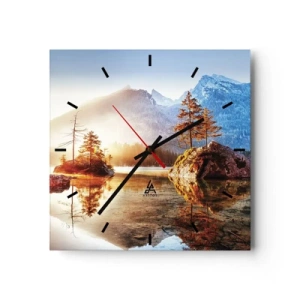 Horloge murale - Pendule murale - Un lac avec des îles et des montagnes en arrière-plan au lever du soleil - 30x30cm - La nature sous un nouveau jour - Décoration murale moderne pour le salon et la chambre ARTTOR