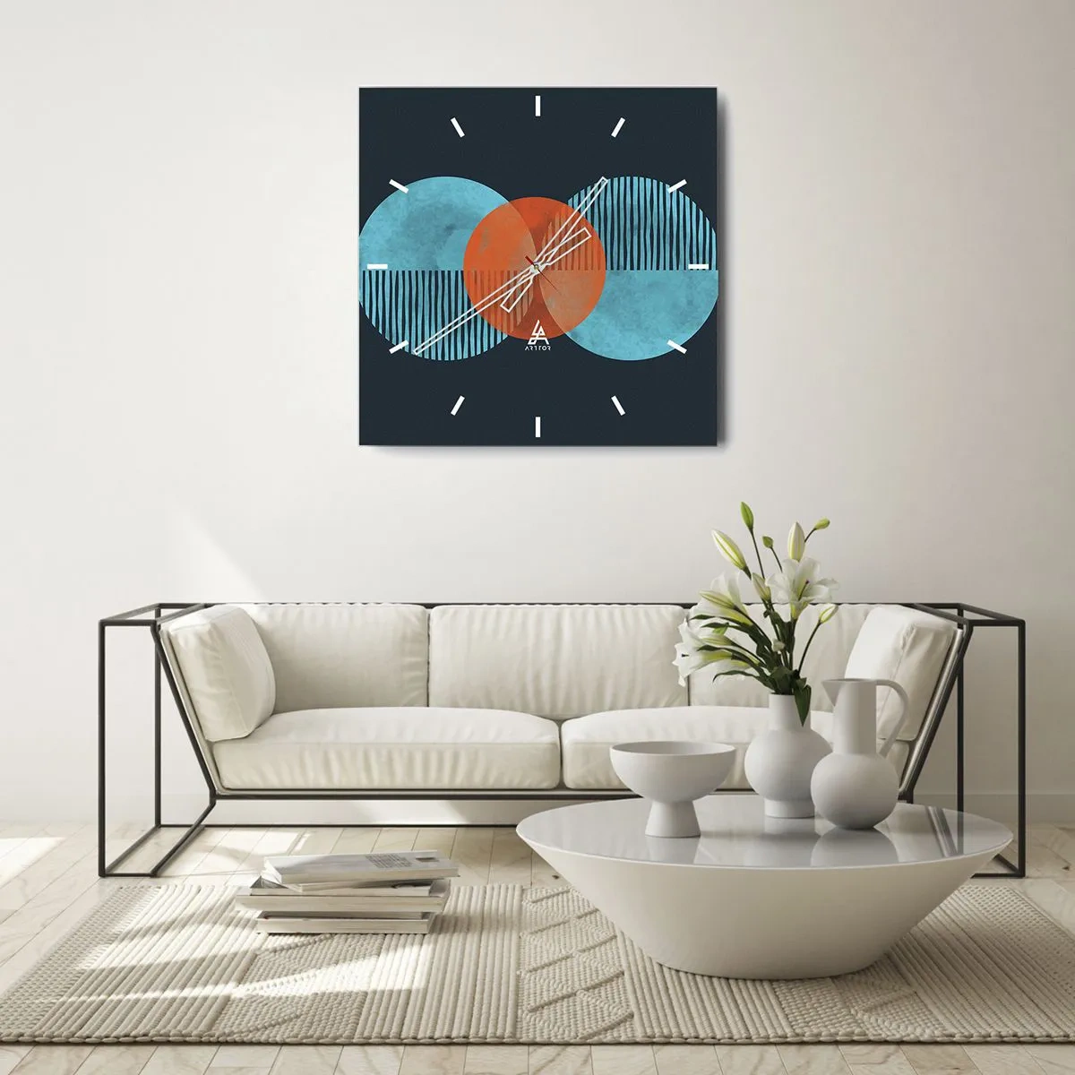 Horloge murale - Pendule murale - Cercles géométriques dans les tons bleu et orange - 30x30cm - Composition symétrique - Décoration murale moderne pour le salon et la chambre ARTTOR