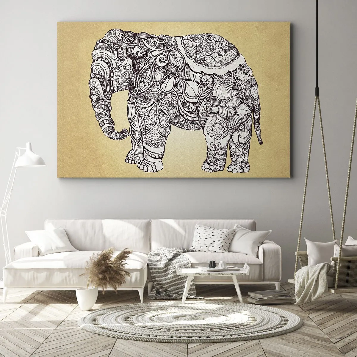 Impression sur toile - Image sur toile - Éléphant dessiné à la main avec un motif orné sur un fond beige - 70x50cm - L'éléphant s'est apprêté - Décoration murale moderne pour le salon et la chambre ARTTOR