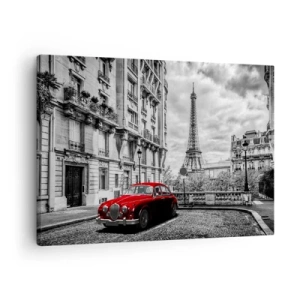 Impression sur toile - Image sur toile - Une voiture rouge avec la Tour Eiffel en arrière-plan dans un décor noir et blanc - 70x50cm - Prédateur dans la ville - Décoration murale moderne pour le salon et la chambre ARTTOR
