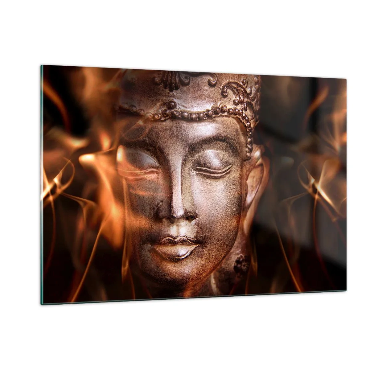 Impression sur verre - Image sur verre - Le visage brumeux du Bouddha dans des tons chauds d'or et de marron - 120x80cm - Il n'existe qu'ici et maintenant - Décoration murale moderne pour le salon et la chambre ARTTOR