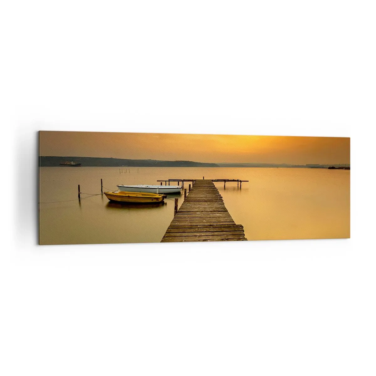 Impression sur toile - Image sur toile - Jetée en bois et bateaux sur le lac au coucher du soleil - 160x50cm - Je t'ouvrirai le ciel d'or - Décoration murale moderne pour le salon et la chambre ARTTOR