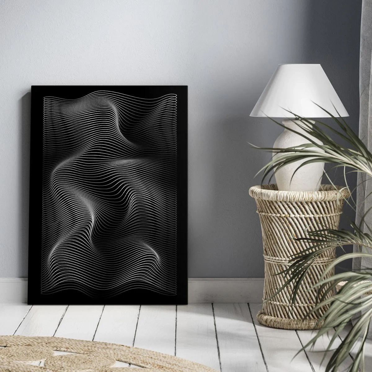 Impression sur toile - Image sur toile - Lignes blanches abstraites sur fond noir - 50x70cm - Danse de lumière dans l'espace - Décoration murale moderne pour le salon et la chambre ARTTOR