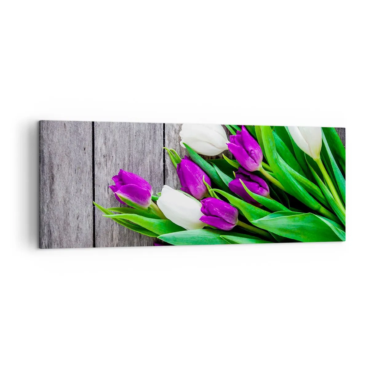 Impression sur toile - Image sur toile - Un bouquet de tulipes violettes et blanches sur un fond en bois - 140x50cm - Le jour des vacances de printemps - Décoration murale moderne pour le salon et la chambre ARTTOR