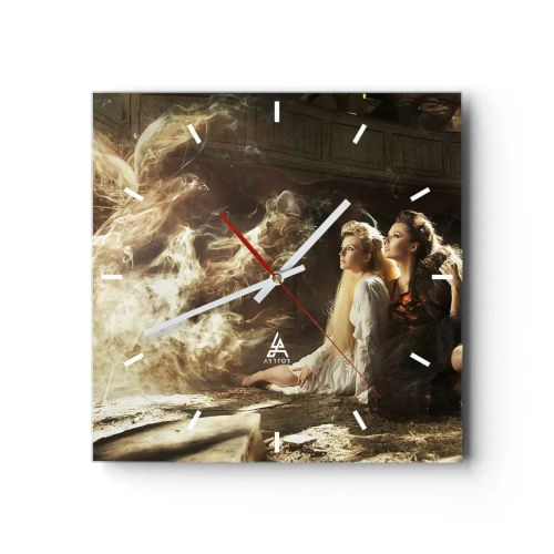 Horloge murale - Pendule murale - Deux femmes dans un décor magique avec des effets de lumière éthérés. - 30x30cm - Et il y a eu la poésie - Décoration murale moderne pour le salon et la chambre ARTTOR