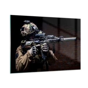Impression sur verre - Image sur verre - Un soldat en équipement complet avec un fusil contre un mur de briques - 100x70cm - Meurtrier efficace - Décoration murale moderne pour le salon et la chambre ARTTOR