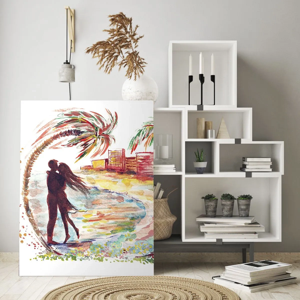 Impression sur verre - Image sur verre - Couple romantique dans un cadre tropical avec des palmiers - 50x70cm - Vacances romantiques - Décoration murale moderne pour le salon et la chambre ARTTOR