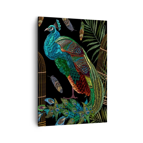 Impression sur toile - Image sur toile - Paons à côté d'une cage dorée sur fond noir - 50x70cm - En robes royales - Décoration murale moderne pour le salon et la chambre ARTTOR