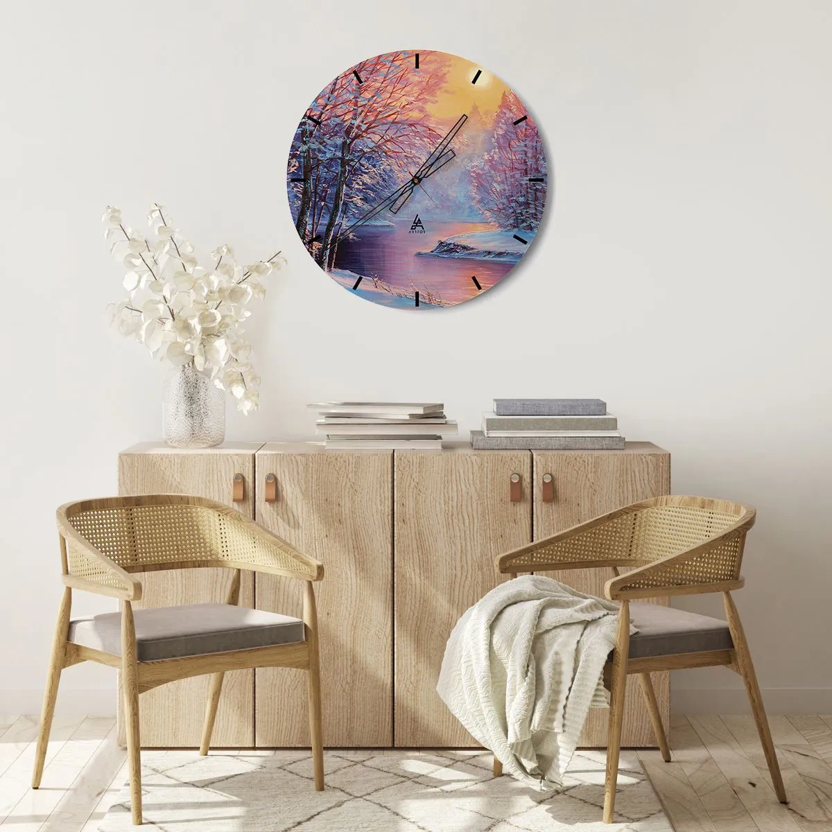 Horloge murale - Pendule murale - Paysage d'hiver avec une rivière au coucher du soleil - 30x30cm - Couleurs d'hiver - Décoration murale moderne pour le salon, la cuisine et la chambre ARTTOR