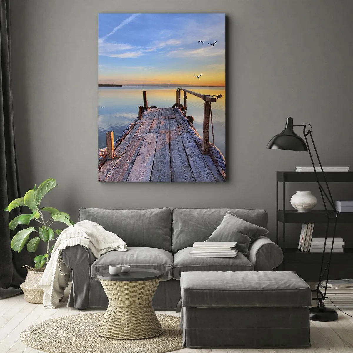Impression sur toile - Image sur toile - Jetée en bois au coucher du soleil sur un lac calme - 80x120cm - Marcher droit vers le soleil - Décoration murale moderne pour le salon et la chambre ARTTOR