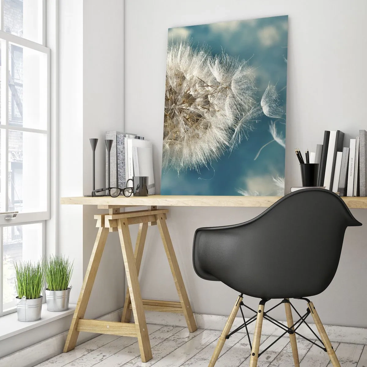 Impression sur verre - Image sur verre - Un pissenlit délicat contre le ciel avec des graines flottantes - 50x70cm - souffle d'ange - Décoration murale moderne pour le salon et la chambre ARTTOR