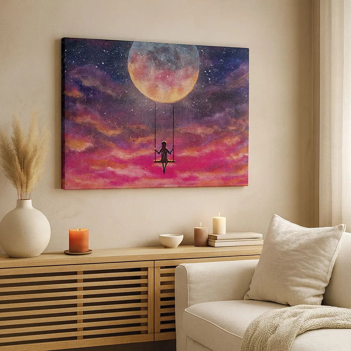 Impression sur toile - Image sur toile - Une silhouette sur une balançoire suspendue contre la lune - 70x50cm - Se balancer dans les nuages - Décoration murale moderne pour le salon et la chambre ARTTOR