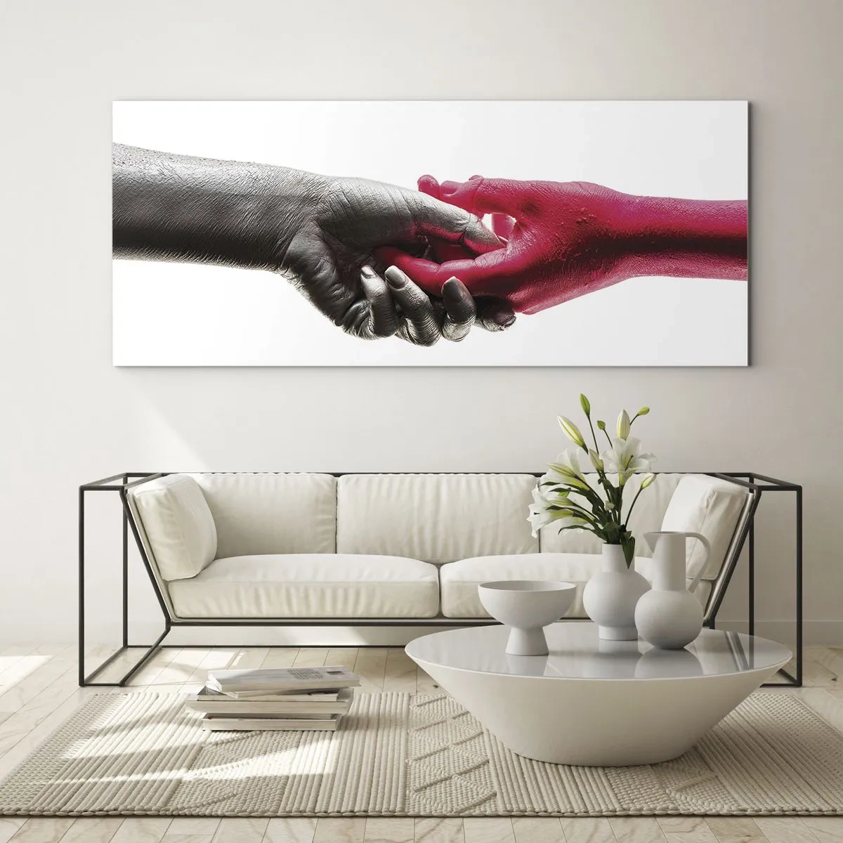 Impression sur verre - Image sur verre - Aiguilles symboliques en argent et rouge - 120x50cm - Ensemble, bien que différents - Décoration murale moderne pour le salon et la chambre ARTTOR