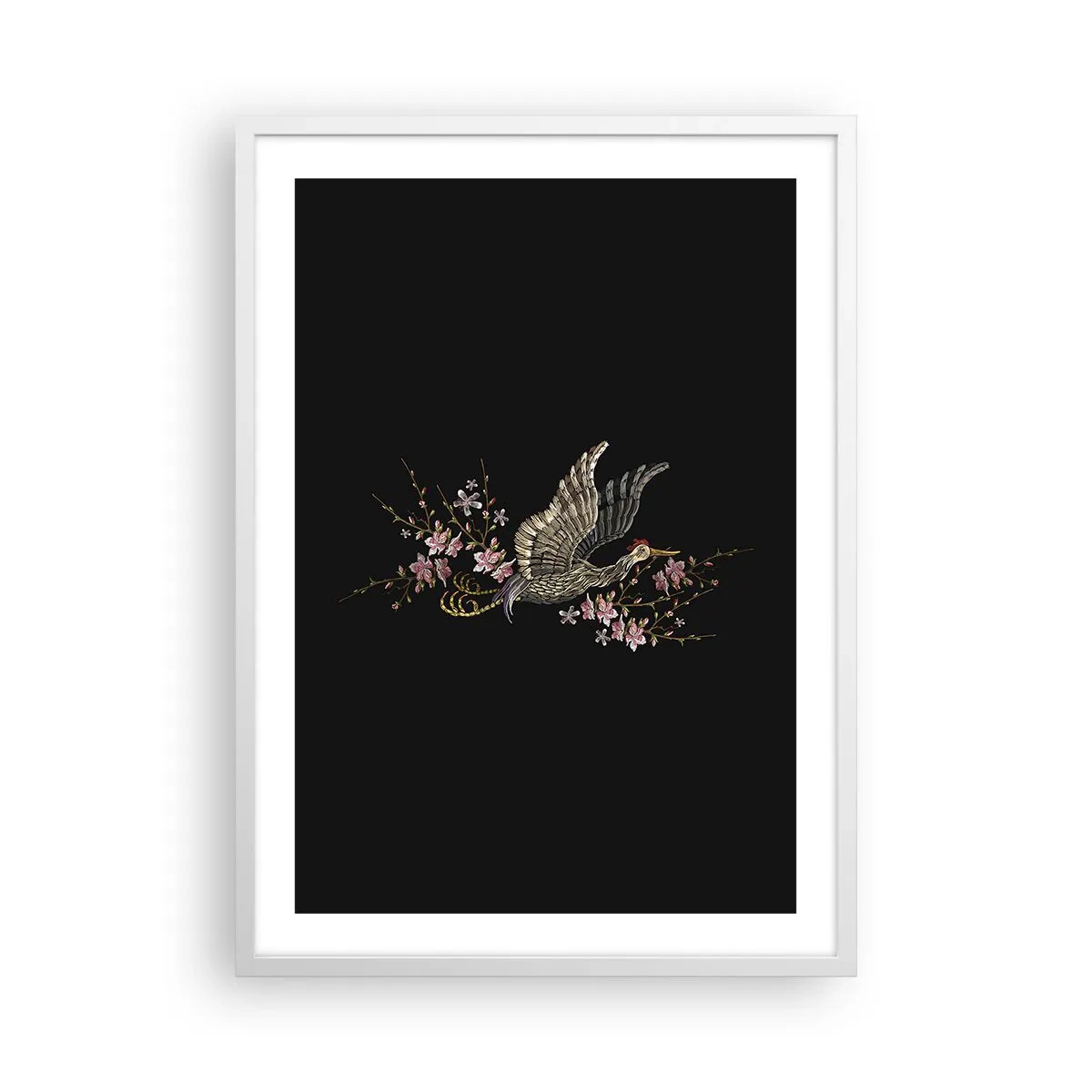 Affiche dans un cadre blanc - Poster - Oiseau brodé exotique - 50x70 cm