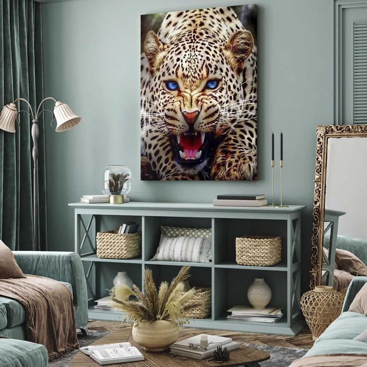 Impression sur toile - Image sur toile - Un léopard menaçant aux yeux bleus intenses - 50x70cm - La colère de la beauté ne fait pas de mal - Décoration murale moderne pour le salon et la chambre ARTTOR