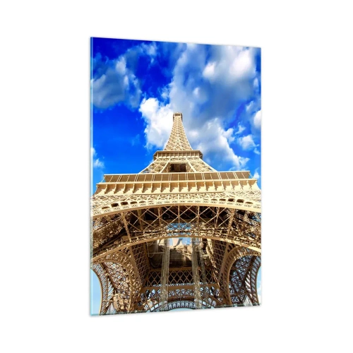 Impression sur verre - Image sur verre - La Tour Eiffel vue d'en bas contre un ciel bleu - 80x120cm - Atteindre le ciel et les nuages - Décoration murale moderne pour le salon et la chambre ARTTOR