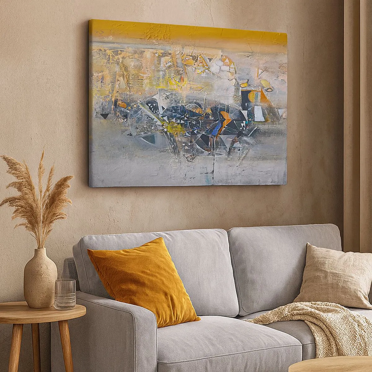 Impression sur toile - Image sur toile - Abstraction avec des nuances dominantes de jaune et de gris - 70x50cm - Tout se met en place - Décoration murale moderne pour le salon et la chambre ARTTOR