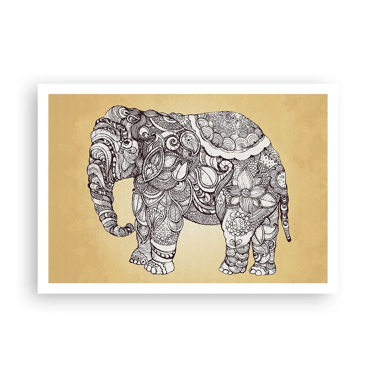 Affiche - Poster - Éléphant dessiné à la main avec un motif orné sur un fond beige - 100x70cm - L'éléphant s'est apprêté - Décoration murale moderne pour le salon et la chambre ARTTOR