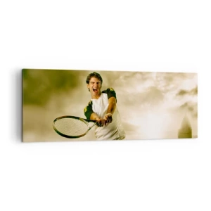 Impression sur toile - Image sur toile - Joueur de tennis en action lors d'un match avec en toile de fond un paysage urbain - 140x50cm - Énergie et joie - Décoration murale moderne pour le salon et la chambre ARTTOR
