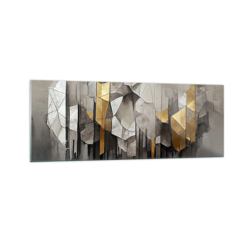 Impression sur verre - Image sur verre - Abstraction géométrique dans les tons d'or et de gris - 140x50cm - Composition de glace et de lumière - Décoration murale moderne pour le salon et la chambre ARTTOR