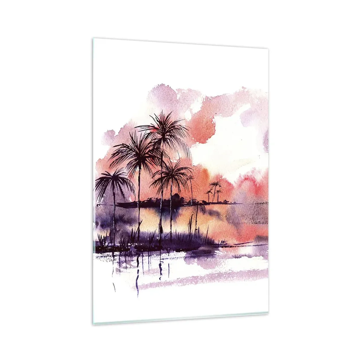 Impression sur verre - Image sur verre - Paysage tropical avec palmiers au coucher du soleil à l'aquarelle - 80x120cm - La tranquillité des tropiques en rouge - Décoration murale moderne pour le salon et la chambre ARTTOR