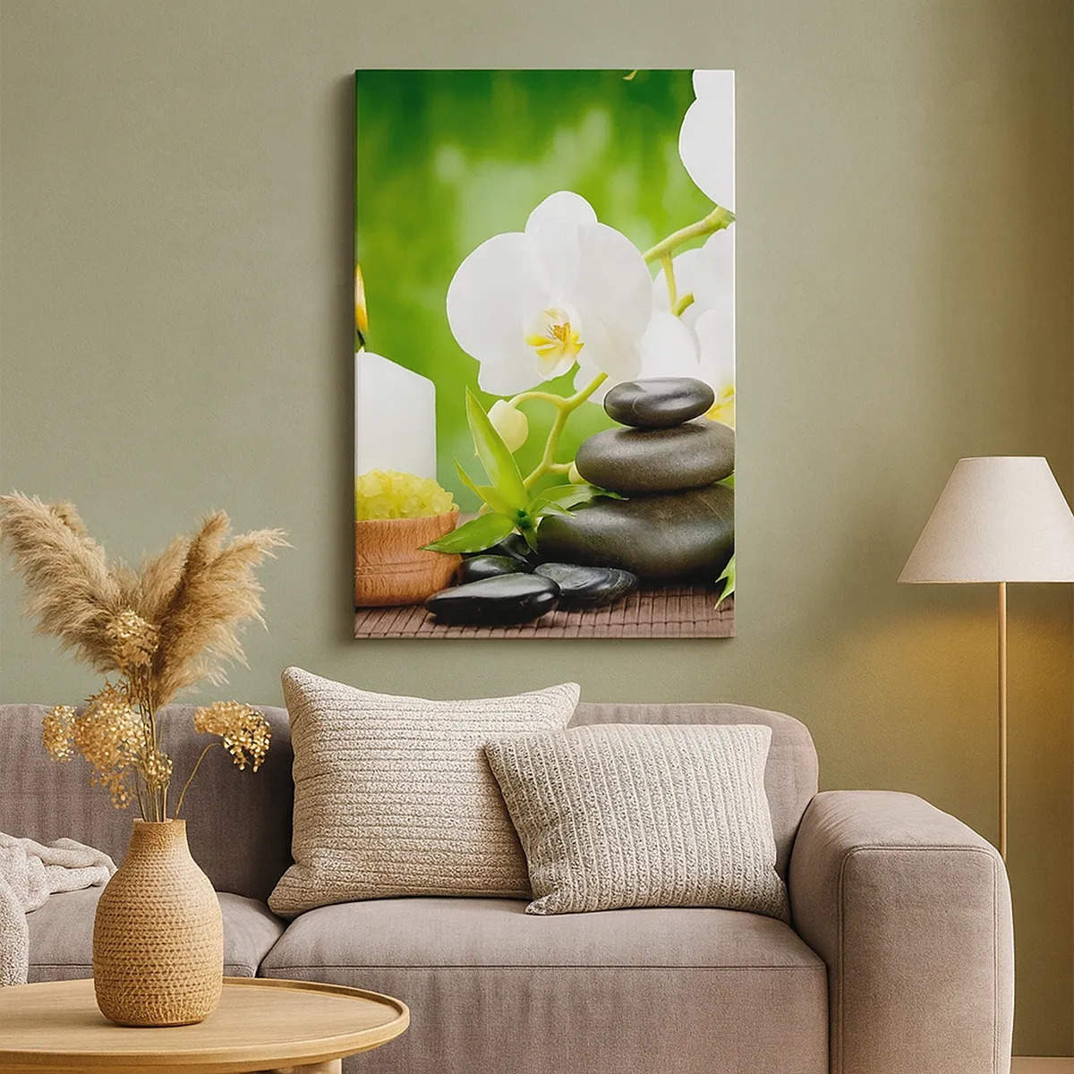 Impression sur toile - Image sur toile - Orchidées, bougies et pierres en pleine nature - 50x70cm - Doux, floral, toucher délicat - Décoration murale moderne pour le salon et la chambre ARTTOR