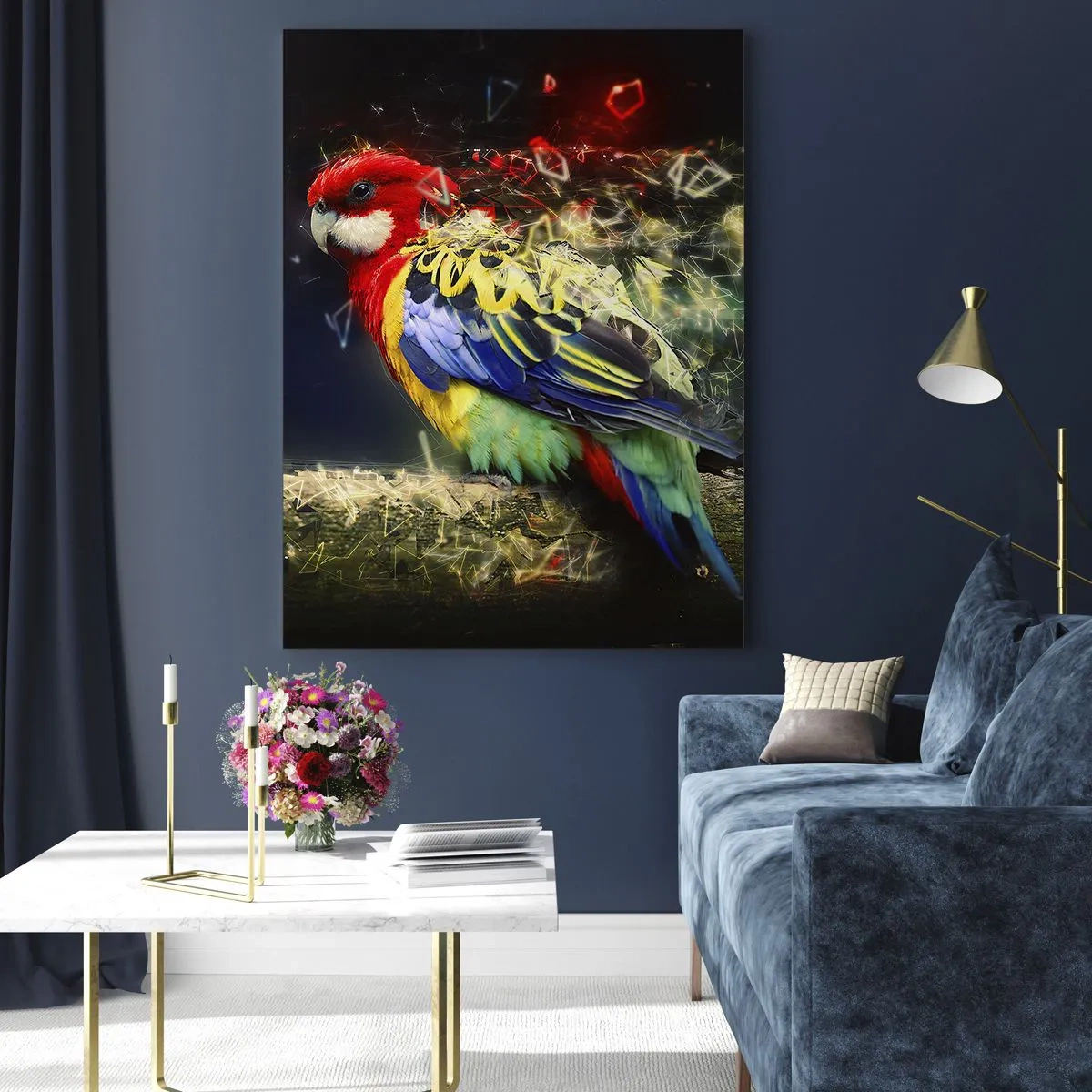 Impression sur verre - Image sur verre - Un perroquet aux couleurs vives sur un fond d'effets de lumière - 70x100cm - Messager d'éclat - Décoration murale moderne pour le salon et la chambre ARTTOR