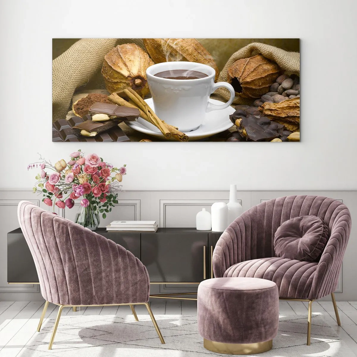 Impression sur verre - Image sur verre - Une tasse de chocolat chaud entourée de cacao et de cannelle - 160x50cm - Pour les amateurs de sensations fortes - Décoration murale moderne pour le salon et la chambre ARTTOR