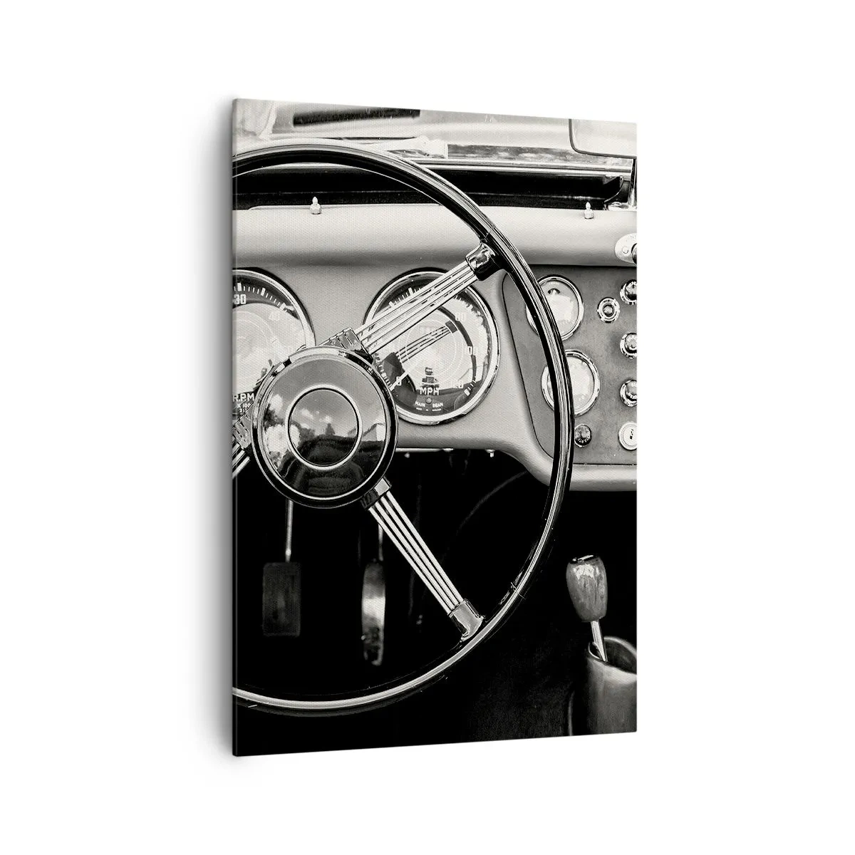 Impression sur toile - Image sur toile - Intérieur de voiture classique noir et blanc - 70x100cm - Rêve de collectionneur - Décoration murale moderne pour le salon et la chambre ARTTOR