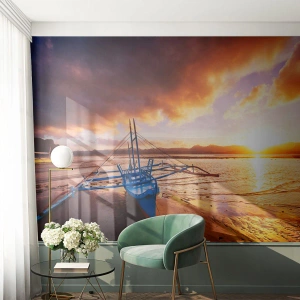 Papier Peint Photo Premium Sand - Allongez-vous dans le sable après une longue journée - Paysage, Mer, Bateau de pêche - 200x140 cm