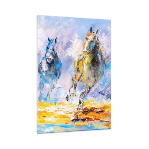 Impression sur verre - Image sur verre - Deux chevaux galopant dans l'eau dans un style artistique - 50x70cm - À travers l'éblouissement du galop - Décoration murale moderne pour le salon et la chambre ARTTOR