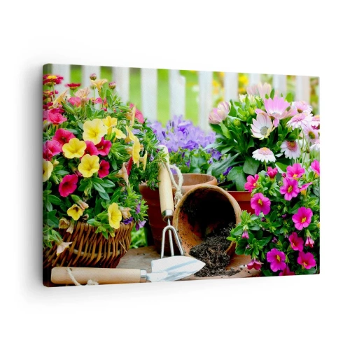 Impression sur toile - Image sur toile - Fleurs colorées dans des pots avec des outils de jardinage sur la table - 70x50cm - Le jardin de Zosia - Décoration murale moderne pour le salon et la chambre ARTTOR