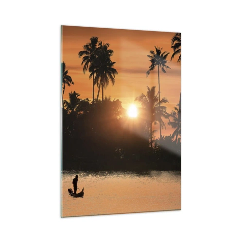 Impression sur verre - Image sur verre - Paysage tropical avec palmiers et coucher de soleil sur la rivière - 50x70cm - Il est temps de se détendre - Décoration murale moderne pour le salon et la chambre ARTTOR