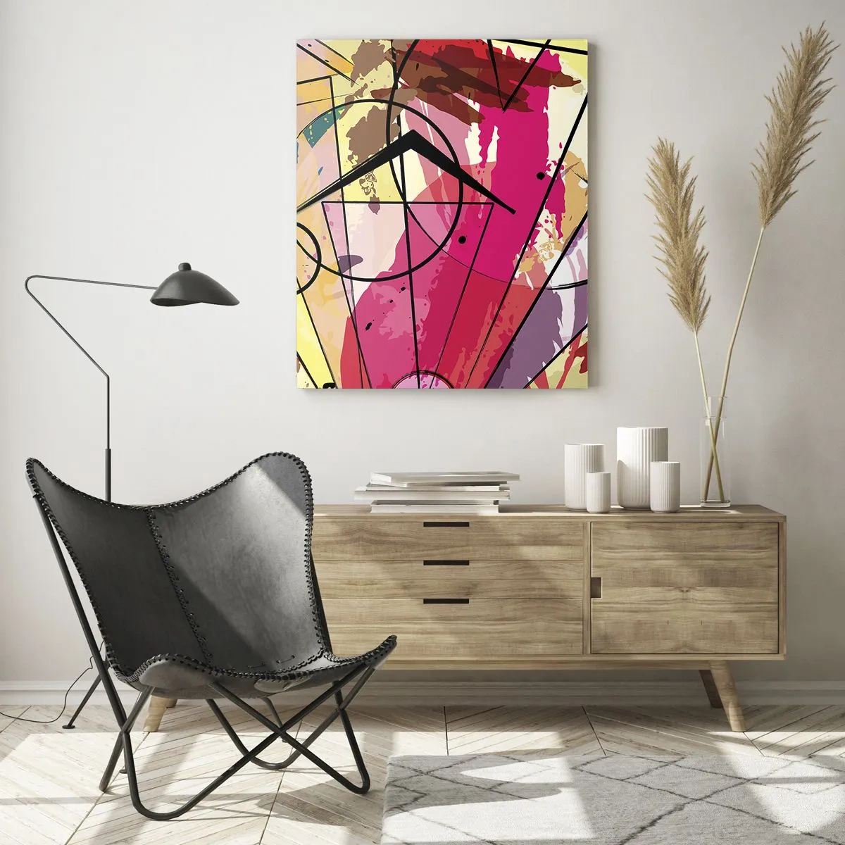 Impression sur verre - Image sur verre - Abstraction colorée avec des motifs et des lignes géométriques - 50x70cm - Explosion - Décoration murale moderne pour le salon et la chambre ARTTOR