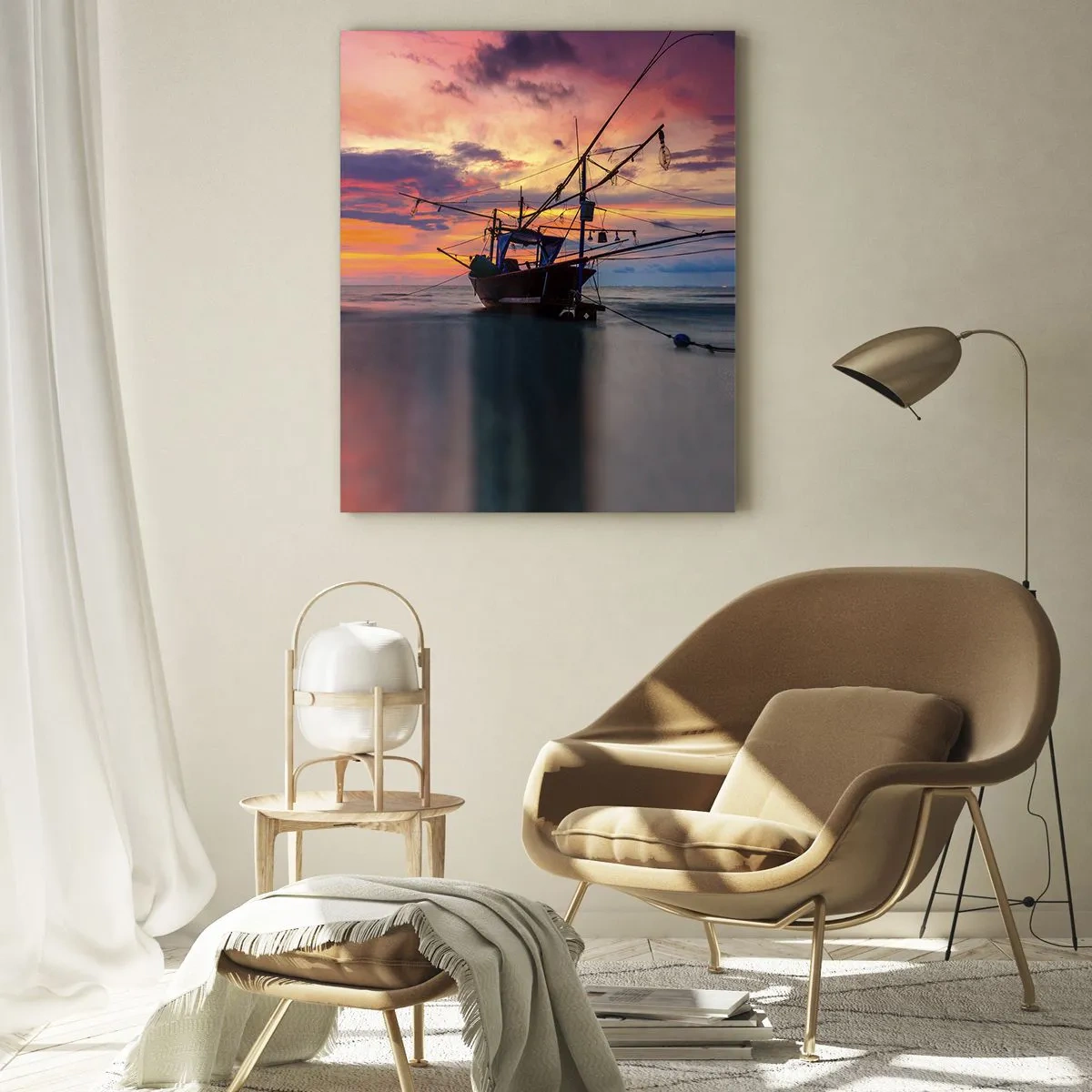 Impression sur verre - Image sur verre - Un bateau de pêche sur fond de coucher de soleil coloré - 80x120cm - Soirée exotique - Décoration murale moderne pour le salon et la chambre ARTTOR
