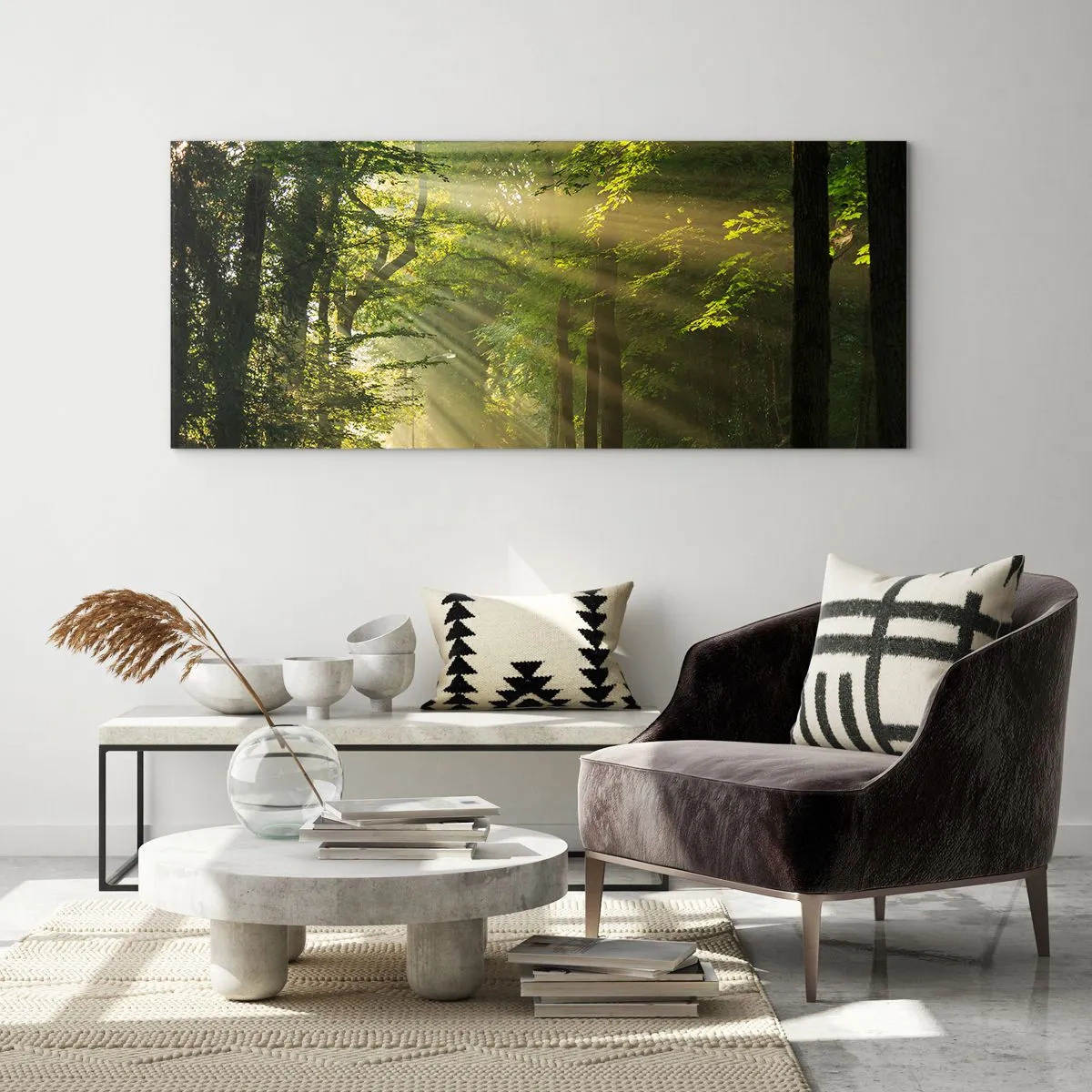 Impression sur verre - Image sur verre - Chemin forestier avec les rayons du soleil qui brillent à travers les arbres - 120x50cm - Moment de forêt - Décoration murale moderne pour le salon et la chambre ARTTOR